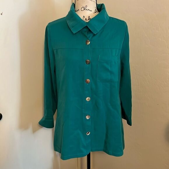Soft Surroundings Blue Green Button Closure Front Pocket Shirt Casual Work Boho - Picture 1 of 11